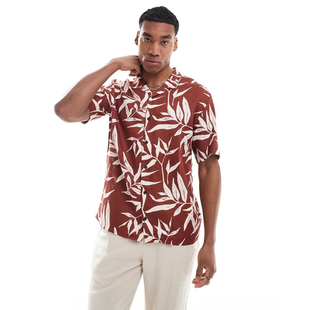 Threadbare Shirt Mens XL Regular Fit Rust Red Leaf AOP Viscose Linen Blend